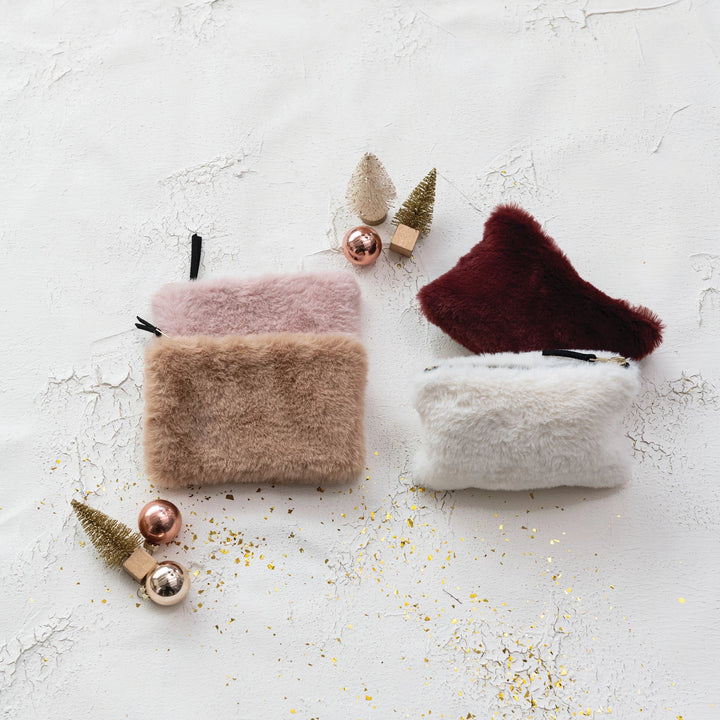 Faux Fur Fabric Zip Pouch with Interior Lining, 4 Colors