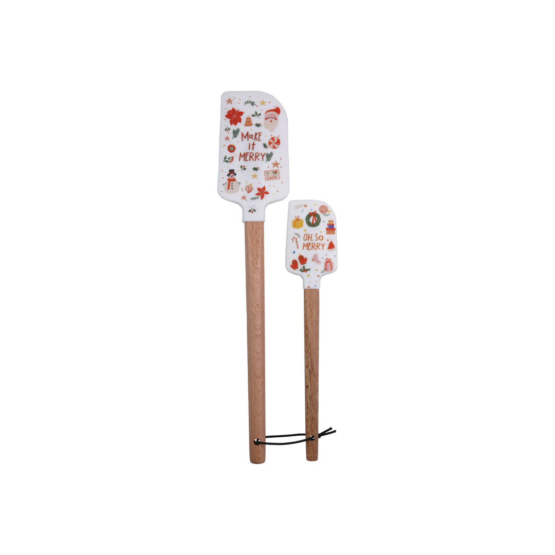 Silicone & Wood Spatulas with Holiday Pattern & Leather Tie, Set of 2