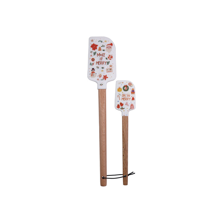 Silicone &amp; Wood Spatulas with Holiday Pattern &amp; Leather Tie, Set of 2