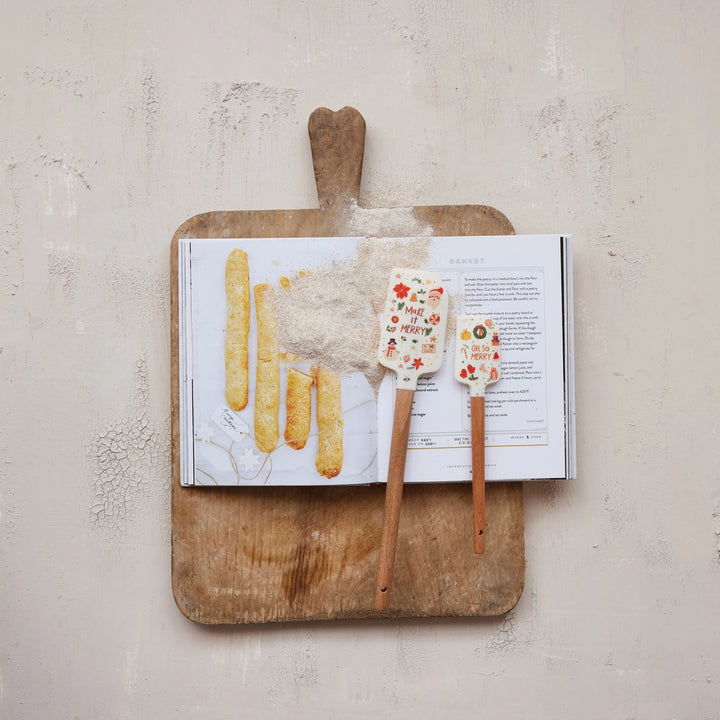Silicone &amp; Wood Spatulas with Holiday Pattern &amp; Leather Tie, Set of 2