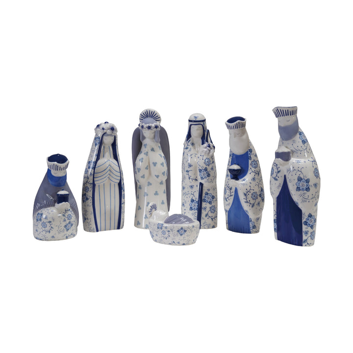 Ceramic Nativity with Floral Pattern, Blue &amp; White, Set of 7