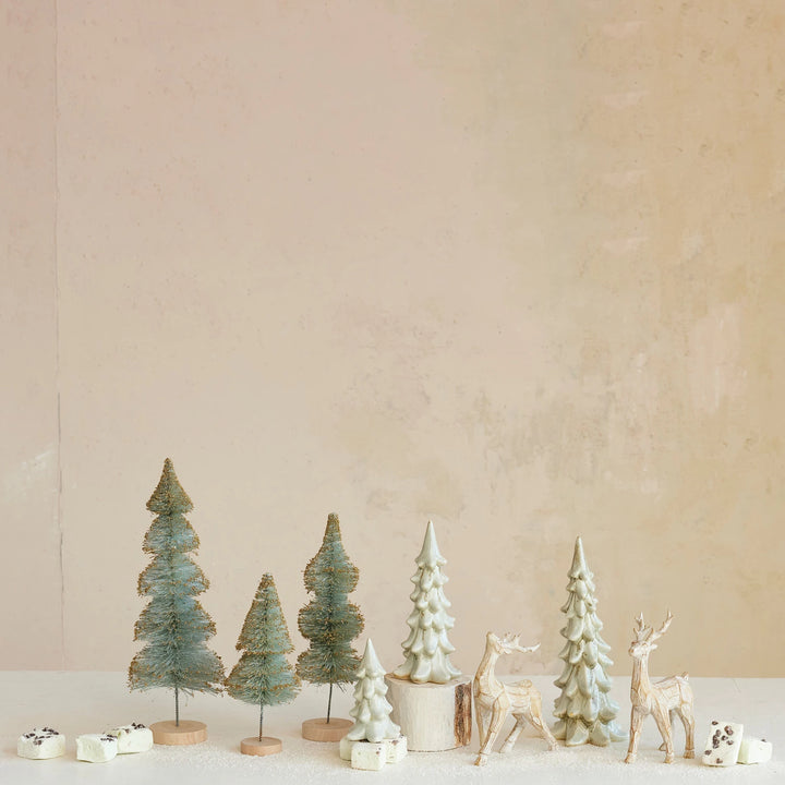 Sisal Bottle Brush Tree with Gold Glitter &amp; Wood Base