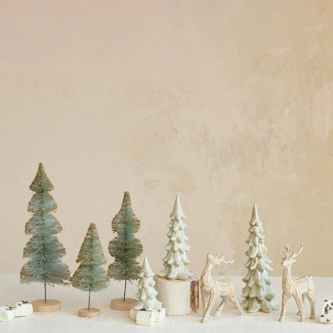 Sisal Bottle Brush Tree with Gold Glitter &amp; Wood Base