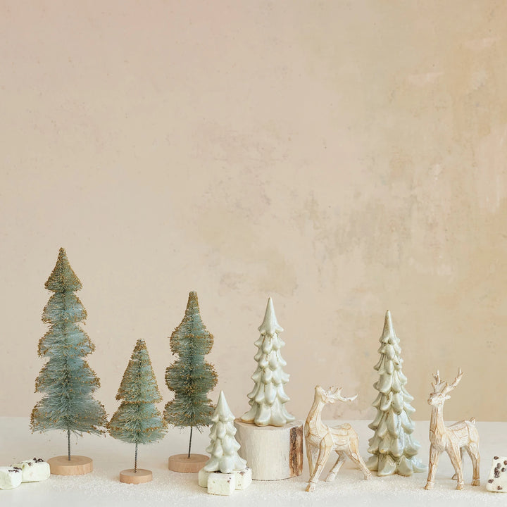 Sisal Bottle Brush Tree with Gold Glitter &amp; Wood Base