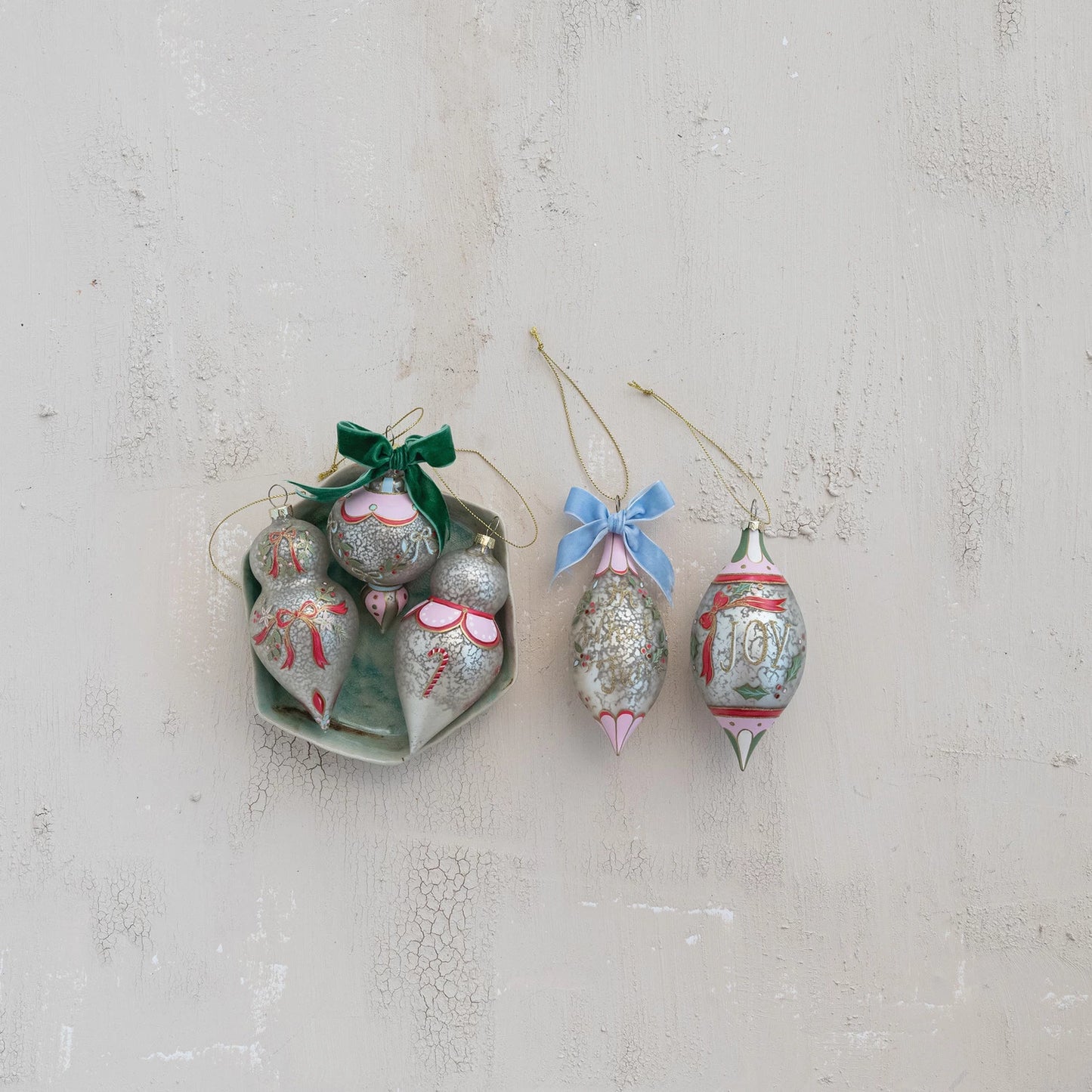 Hand-Painted Glass Ornament with Design/Velvet Bow, 4 Styles