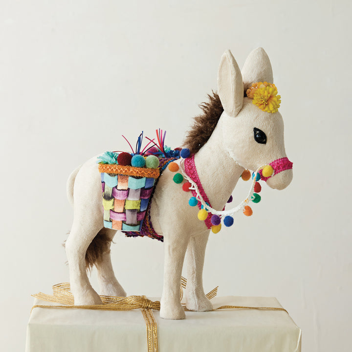 Creative Coop Fabric Donkey with Saddle Baskets Pom Poms, Alternate View | Bella Gifts from the Heart